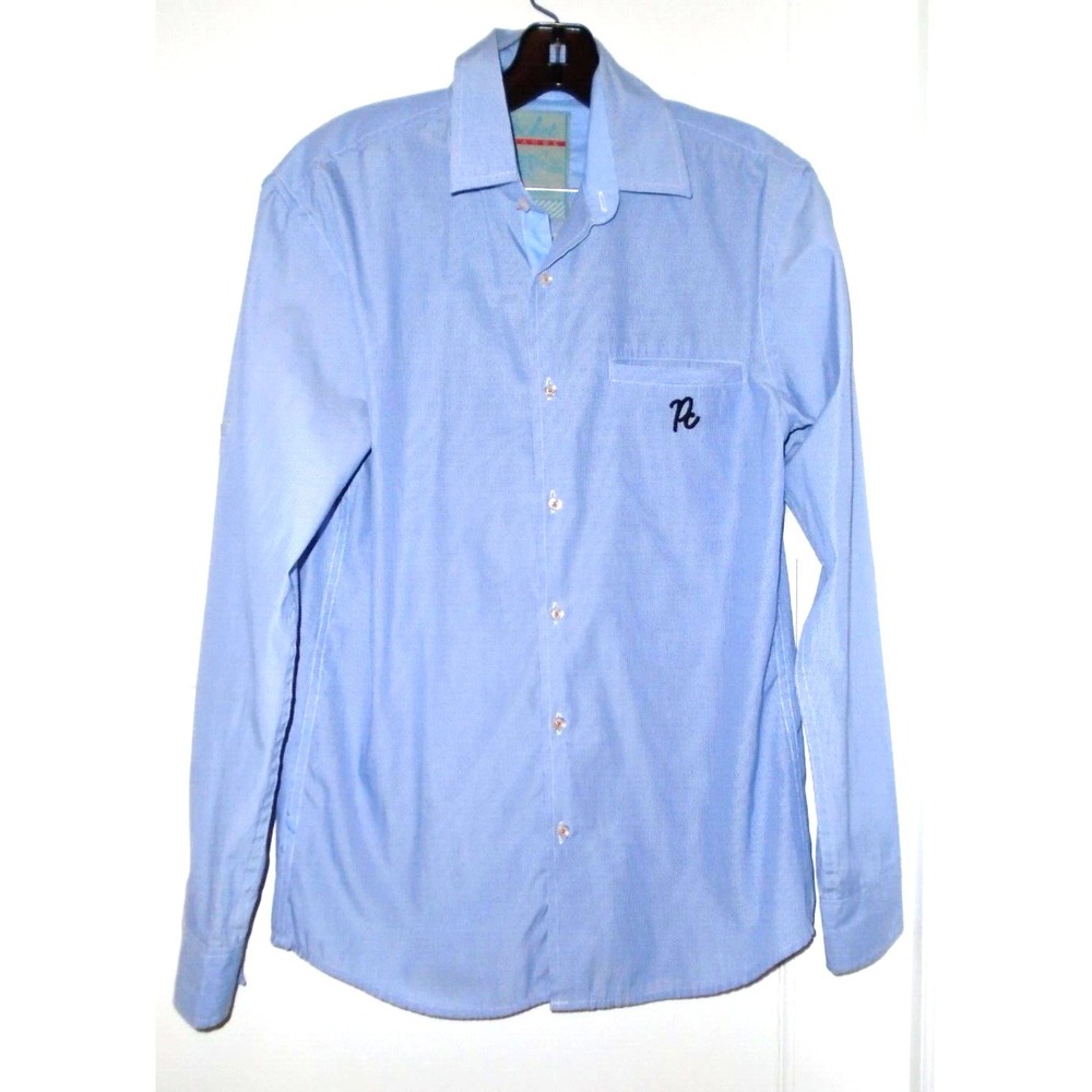 Pocket Change  Sz Small Men's Slim Shirt Chest 35" Blue/White Striped Cotton